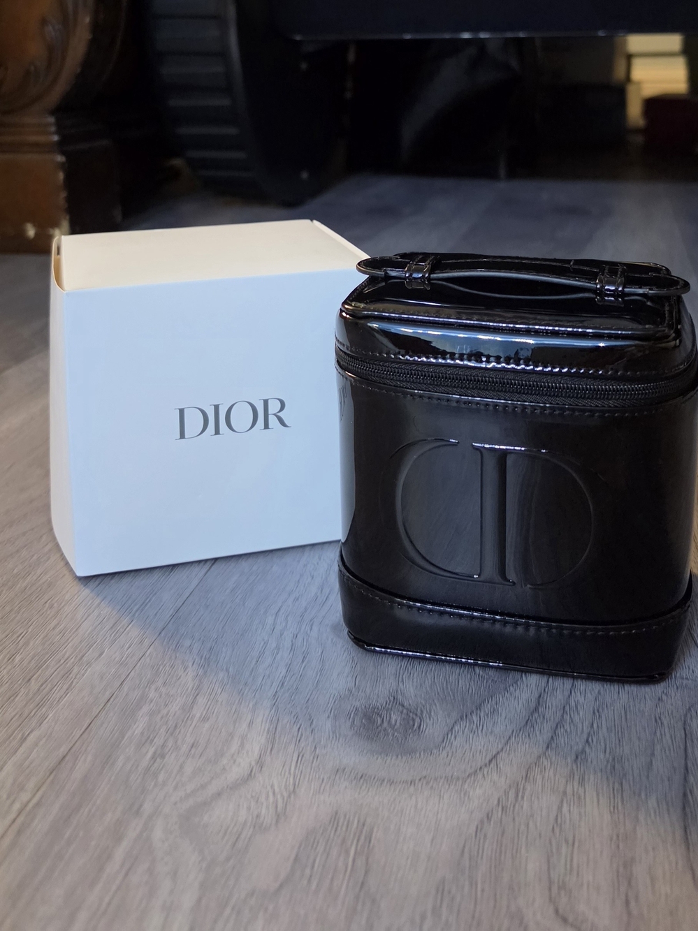 Dior Black Patent Leather Cosmetic Case with Embossed CD